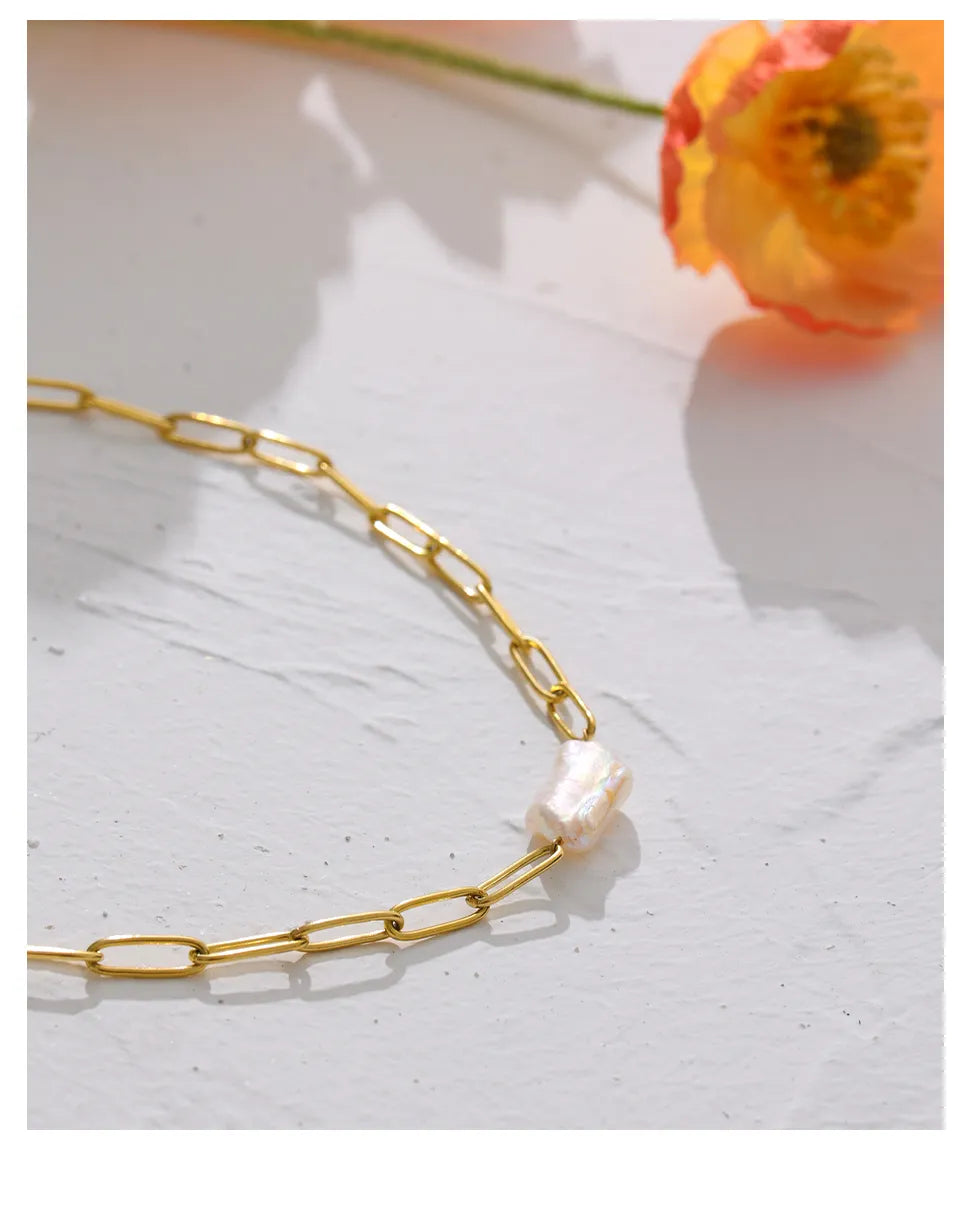 18K Vergoldete Edelstahl-Halskette mit natürlichen Perlenanhänger