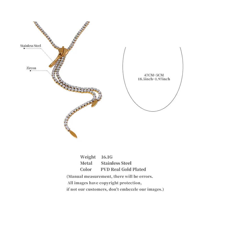 18K vergoldete Edelstahl-Halskette mit langem Zirkonia-Reißverschluss-Anhänger